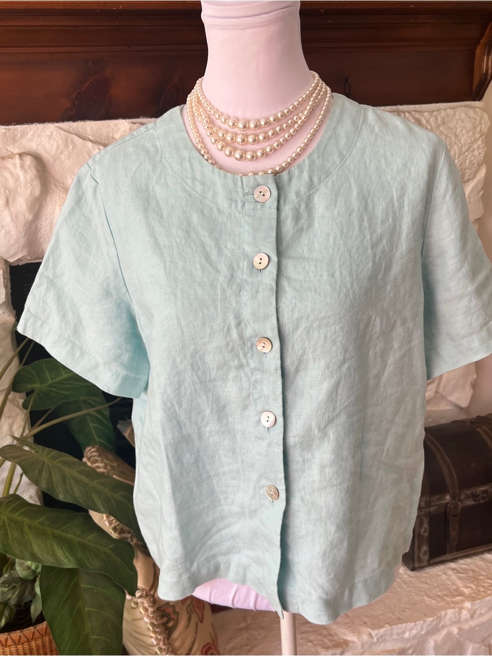 Orvis Light Aqua Short-Sleeve 100% Linen Button-Front Shirt Women’s Size Medium